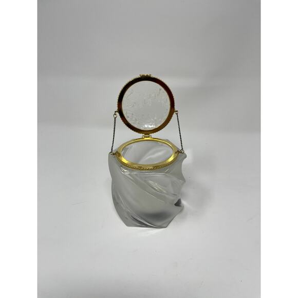 Frosted Crystal Gold Trimmed Hinged Dresser Trinket Box Musical Notes Signed KF - Picture 9 of 13